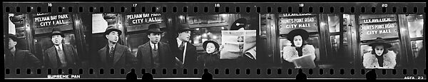 [Five 35mm Film Frames: Subway Passengers, New York City: Men Beneath "Pelham Bay Park" Sign, Couple with Child, Woman Reading Newspaper, Woman in Hat and Fur Collar Beneath "City Hall" Sign], Walker Evans (American, St. Louis, Missouri 1903–1975 New Haven, Connecticut), Film negative