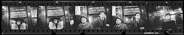 [Five 35mm Film Frames: Subway Passengers, New York City: Woman in Hat and Fur Collar Beneath "City Hall" Sign, Two Men Beneath "City Hall" Sign, Woman in Fur Hat and Collar], Walker Evans (American, St. Louis, Missouri 1903–1975 New Haven, Connecticut), Film negative