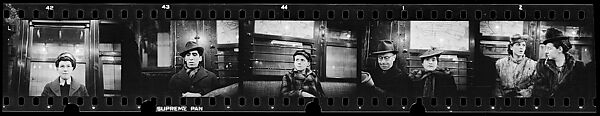 [Five 35mm Film Frames: Subway Passengers, Times Square Shuttle, New York City: Boy in Coat and Hat, Man in Hat and Scarf, Man Reading Newspaper, Two Women in Conversation], Walker Evans (American, St. Louis, Missouri 1903–1975 New Haven, Connecticut), Film negative