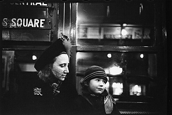 [Five 35mm Film Frames: Subway Passengers, Times Square Shuttle, New York City: Two Women in Conversation, Two Men BeneathShuttle Sign, Woman in Face-Veiled Hat and Boy], Walker Evans (American, St. Louis, Missouri 1903–1975 New Haven, Connecticut), Film negative