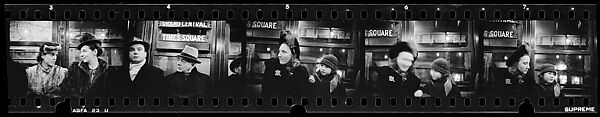 [Five 35mm Film Frames: Subway Passengers, Times Square Shuttle, New York City: Two Women in Conversation, Two Men BeneathShuttle Sign, Woman in Face-Veiled Hat and Boy], Walker Evans (American, St. Louis, Missouri 1903–1975 New Haven, Connecticut), Film negative
