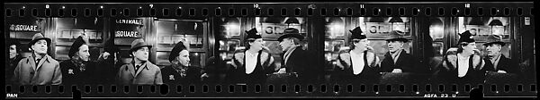 [Five 35mm Film Frames: Subway Passengers, Times Square Shuttle, New York City: Man, Woman in Face-Veiled Hat, Couple in Conversation], Walker Evans (American, St. Louis, Missouri 1903–1975 New Haven, Connecticut), Film negative