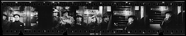 [Five 35mm Film Frames: Subway Passengers, Times Square Shuttle, New York City: Man with Eyes Shut, Young Woman in Hat Seated Between Two Men, Old Woman in Hat and Spectacles], Walker Evans (American, St. Louis, Missouri 1903–1975 New Haven, Connecticut), Film negative