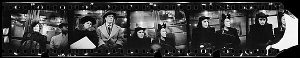 [Five 35mm Film Frames: Subway Passengers, Times Square Shuttle, New York City: Woman in Fur Hat and Coat, Man in Cap, Women in Hats], Walker Evans (American, St. Louis, Missouri 1903–1975 New Haven, Connecticut), Film negative