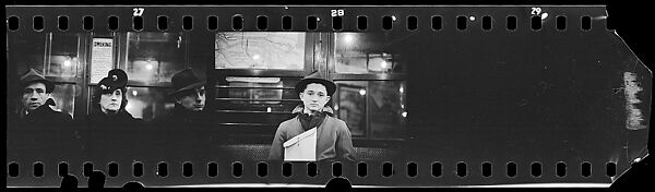 [Two 35mm Film Frames: Subway Passengers, New York City: Woman, Two Men, Young Man in Hat Holding Parcel], Walker Evans (American, St. Louis, Missouri 1903–1975 New Haven, Connecticut), Film negative