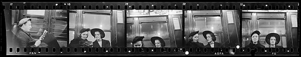 [Five 35mm Film Frames: Subway Passengers, New York City: Man in Cap Reading Newspaper, Two Young Women], Walker Evans (American, St. Louis, Missouri 1903–1975 New Haven, Connecticut), Film negative