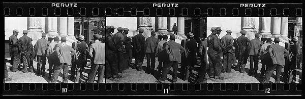 [Three 35mm Film Frames: Crowd of Men Outside Public Building, From Behind, Possibly Newcastle, Delaware], Walker Evans (American, St. Louis, Missouri 1903–1975 New Haven, Connecticut), Film negative