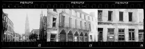 [Three 35mm Film Frames: Town Square with Two Churches, Dilapidated Buildings, Southeastern U.S.], Walker Evans (American, St. Louis, Missouri 1903–1975 New Haven, Connecticut), Film negative