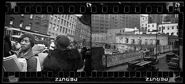 [Two 35mm Film Frames: Buildings and Bridge Lined with Movie Posters, Two Women in Berets on Street, New York City], Walker Evans (American, St. Louis, Missouri 1903–1975 New Haven, Connecticut), Film negative