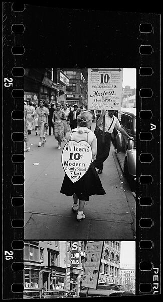 [Two 35mm Film Frames: Woman Wearing Sandwich Board Advertisement, Fourteenth Street, New York City], Walker Evans (American, St. Louis, Missouri 1903–1975 New Haven, Connecticut), Film negative