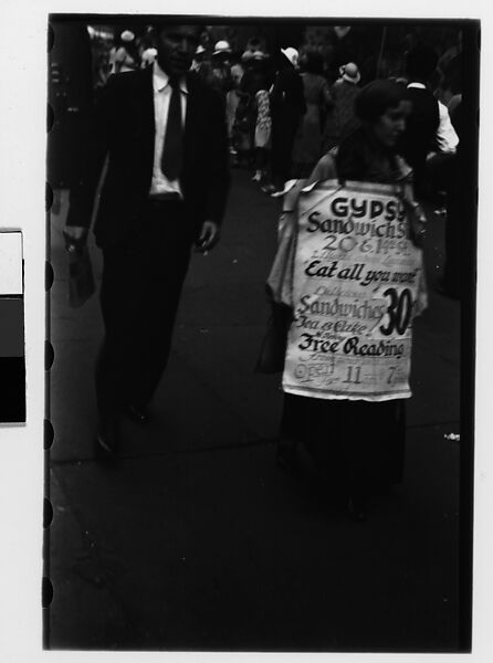 [Two 35mm Film Frames: Woman Wearing Sandwich Board Advertisement, Fourteenth Street, New York City], Walker Evans (American, St. Louis, Missouri 1903–1975 New Haven, Connecticut), Film negative 