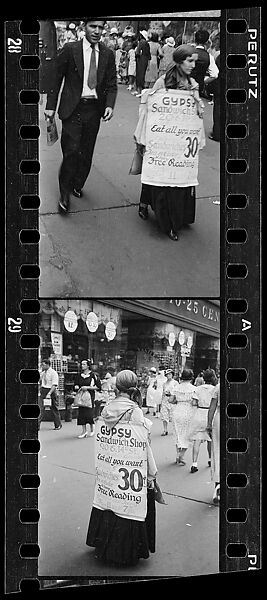 [Two 35mm Film Frames: Woman Wearing Sandwich Board Advertisement, Fourteenth Street, New York City], Walker Evans (American, St. Louis, Missouri 1903–1975 New Haven, Connecticut), Film negative