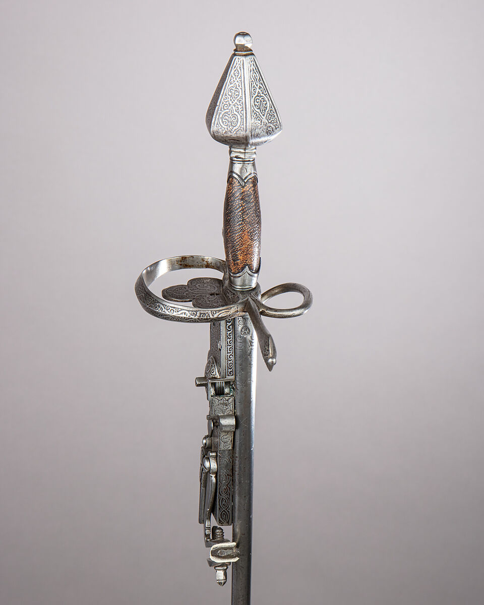 Combination Sword and Wheellock Pistol, Steel, wood, shark skin, German, Saxony