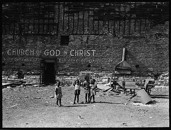 [Children in Abandoned Lot in Front of Brick Wall with Sign for "Church of God", Chicago, Illinois], Walker Evans (American, St. Louis, Missouri 1903–1975 New Haven, Connecticut), Film negative 