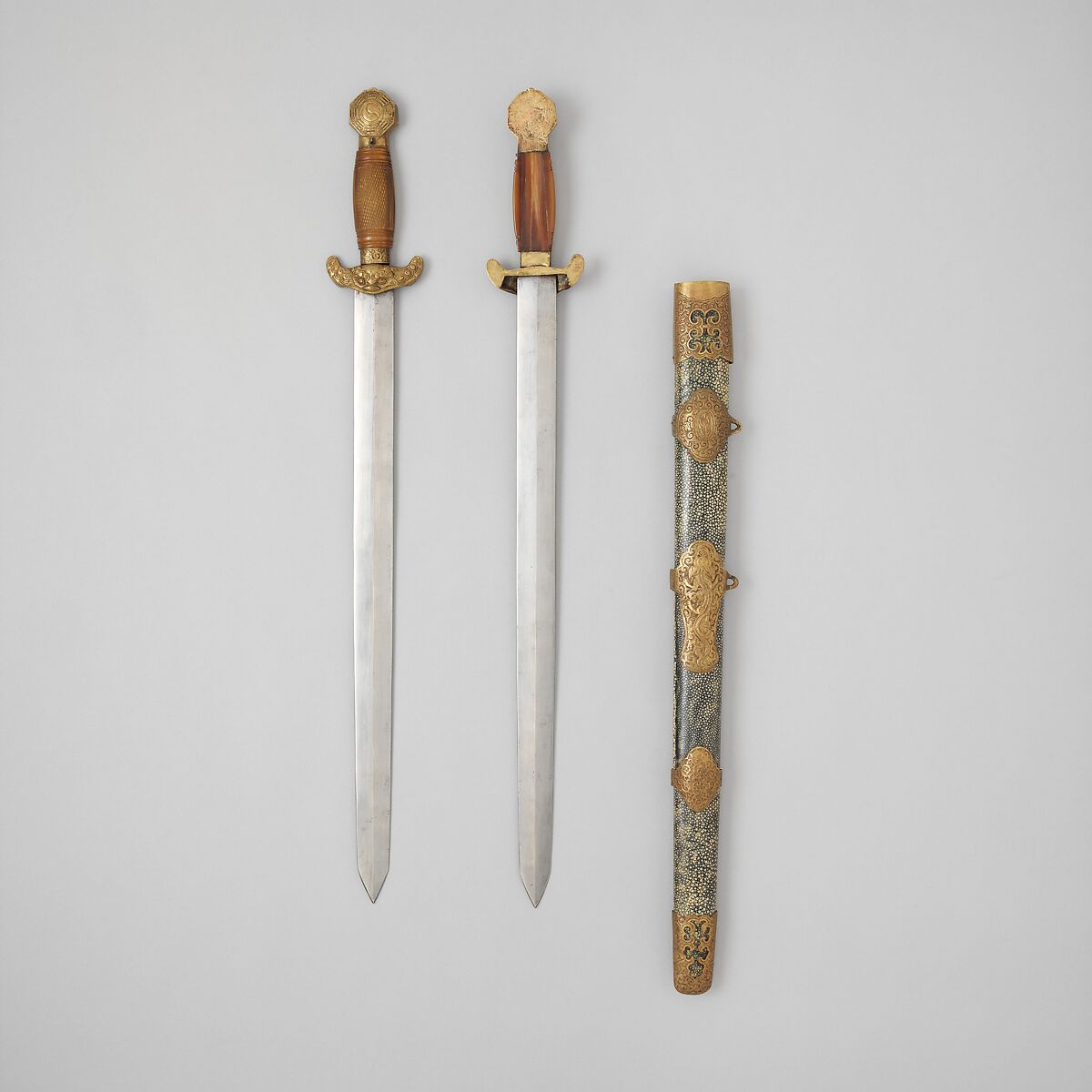 Double Sword with Scabbard, Steel, bronze, sharkskin, horn, wood, Chinese 