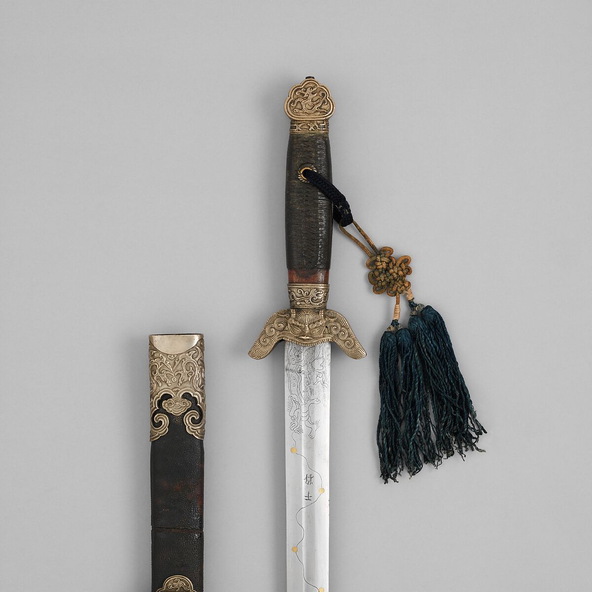 Sword with Scabbard, Steel, bronze, leather, cord, wood, silver, probably stone, Chinese
