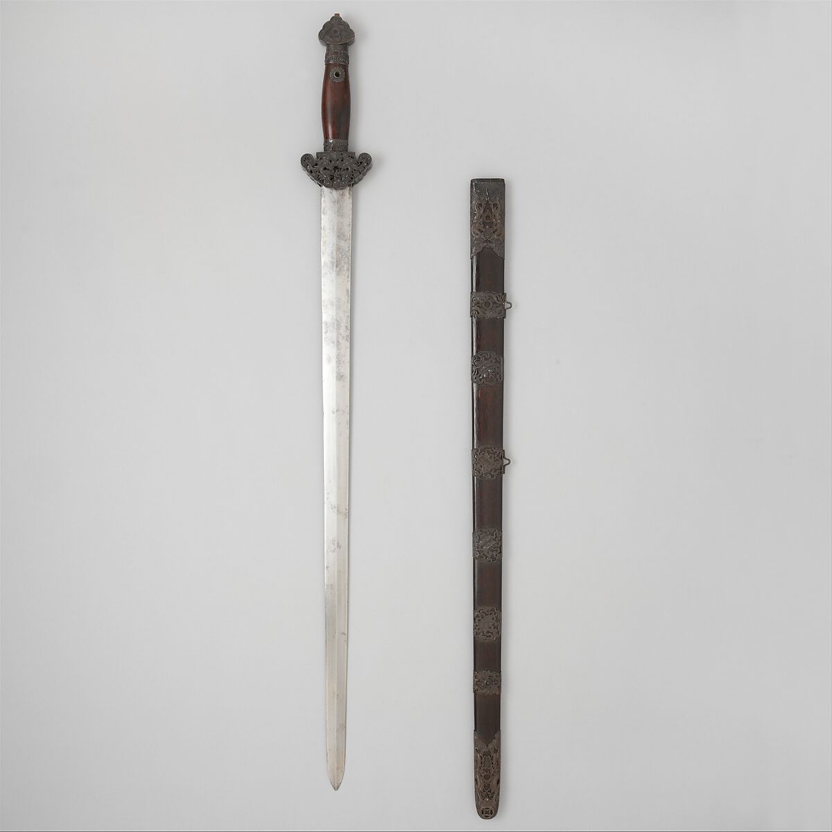 Sword with Scabbard, Steel, silver, wood, Chinese 