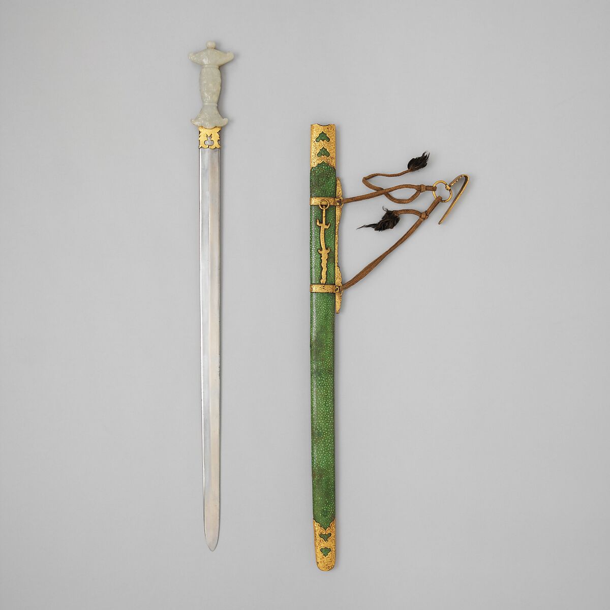Sword with Scabbard, Steel, jade, bronze, sharkskin, textile, wood, gold, Chinese 