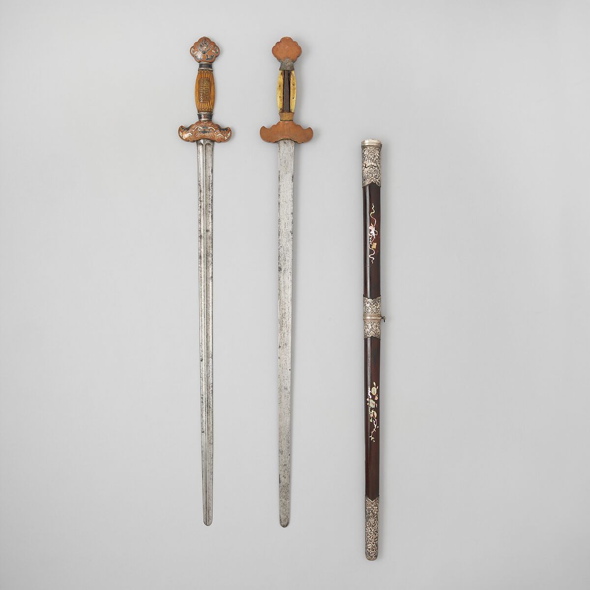 Double Sword with Scabbard, Steel, ivory, wood, mother-of-pearl, copper, silver, Vietnamese 