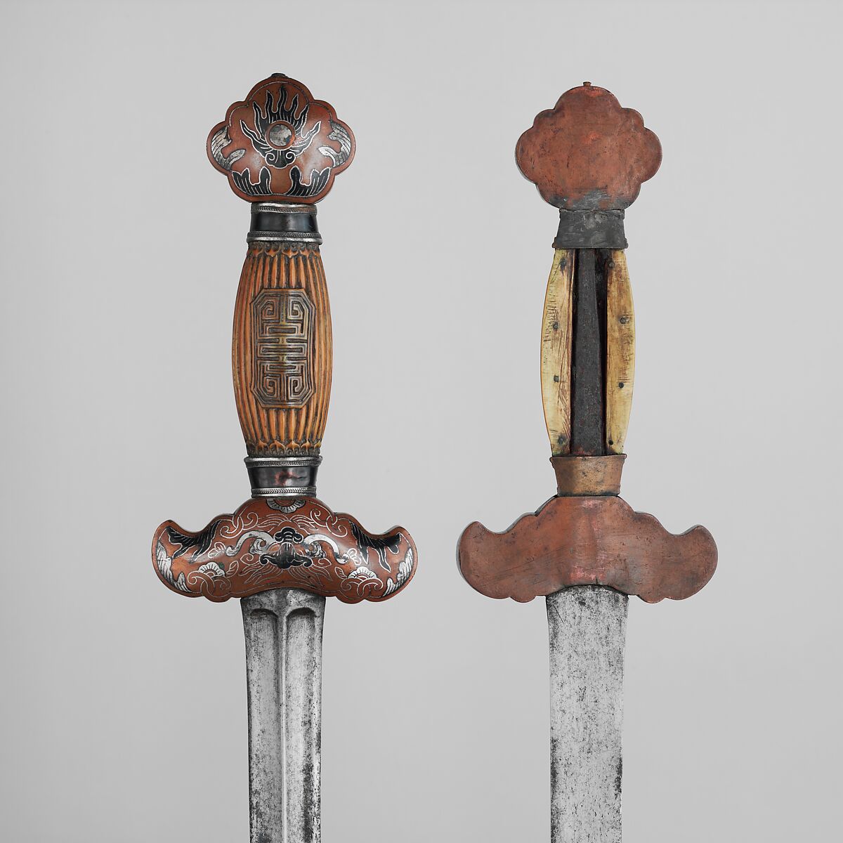 Double Sword with Scabbard, Steel, ivory, wood, mother-of-pearl, copper, silver, Vietnamese