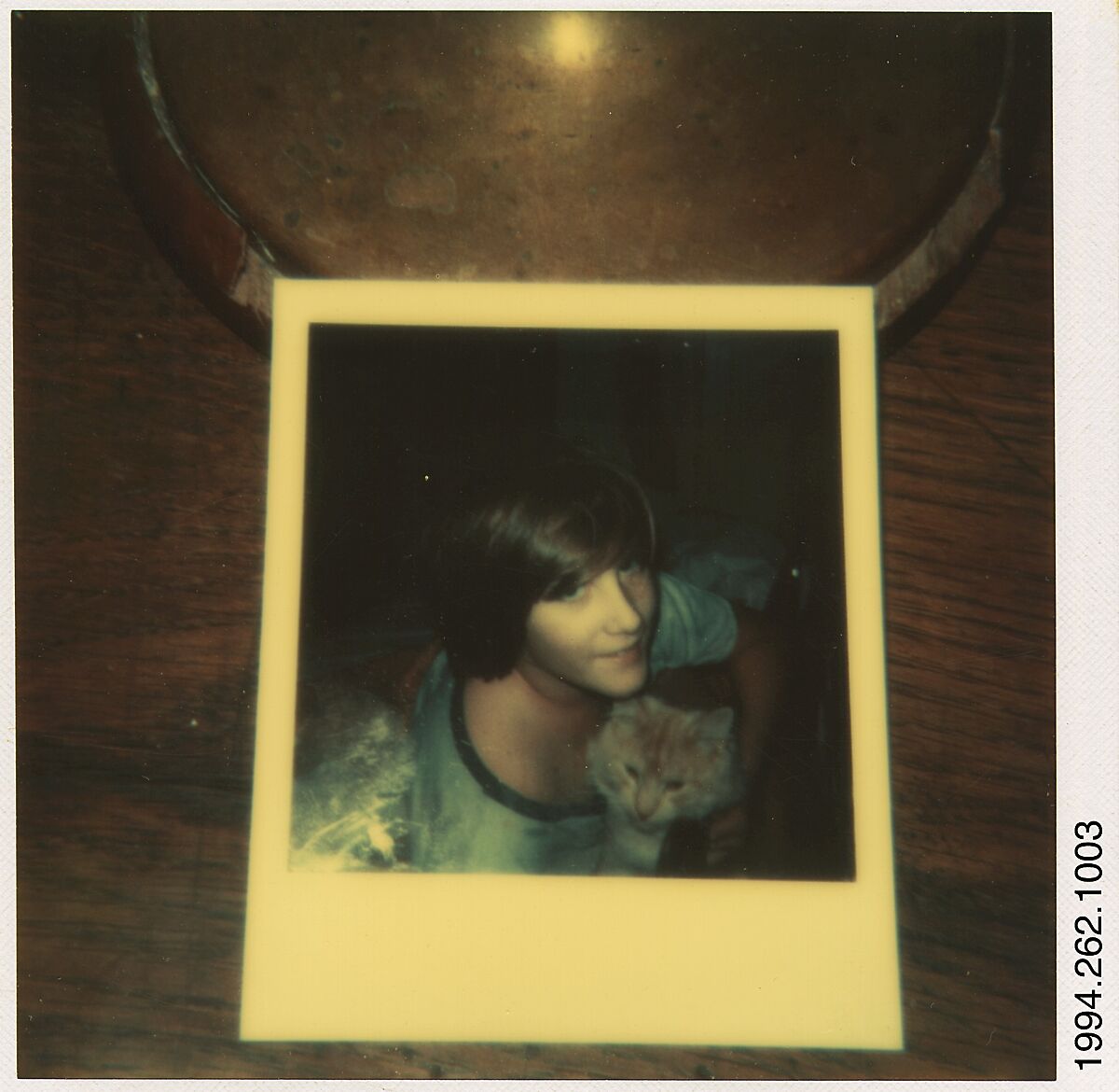 [Polaroid #921 on Desk: Glenn Ives (?) in Bed with Cat], Walker Evans (American, St. Louis, Missouri 1903–1975 New Haven, Connecticut), Instant internal dye diffusion transfer print (Polaroid SX-70) 