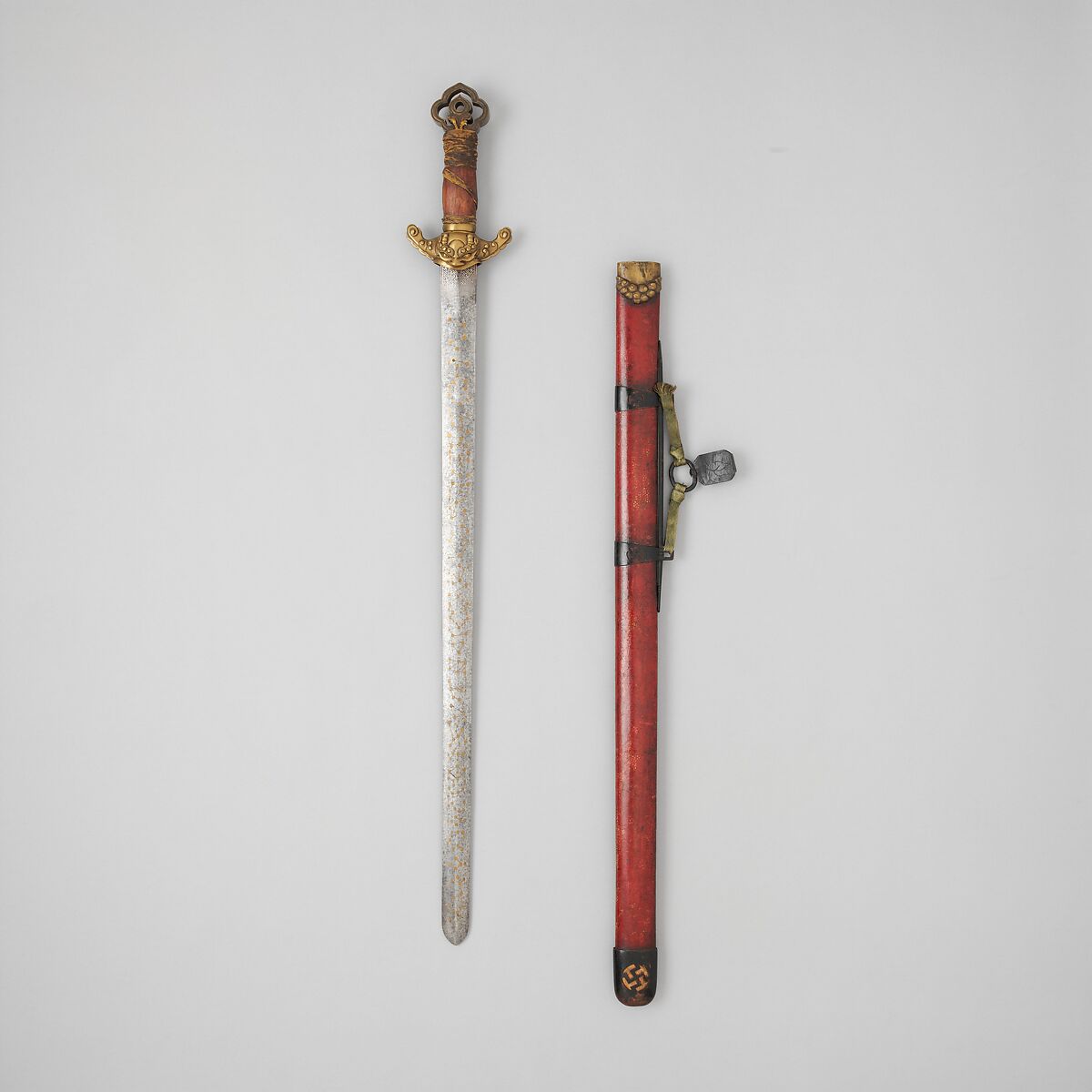 Sword with Scabbard, Steel, wood, bronze, gold, silver, iron, pigment, textile, Korean 