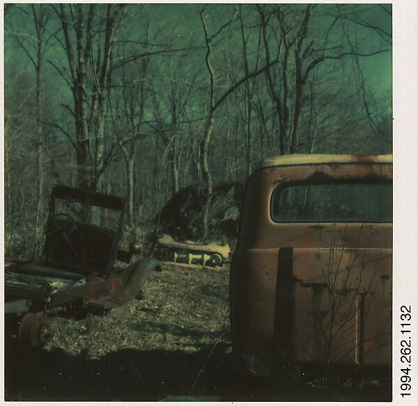 [Auto Junkyard, Old Lyme, Connecticut: Two Trucks, Car], Walker Evans (American, St. Louis, Missouri 1903–1975 New Haven, Connecticut), Instant internal dye diffusion transfer print (Polaroid SX-70) 