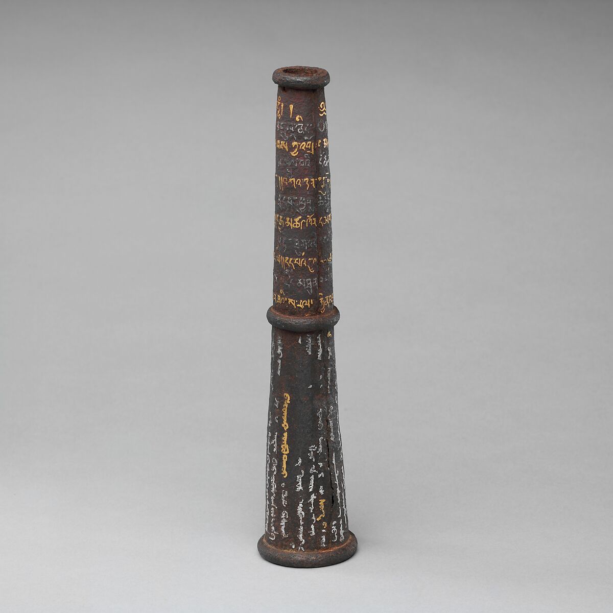 Socket from a Ceremonial Spearhead or Staff, Decorated with the Name of the Fourth Dalai Lama, Iron, gold, silver, Tibetan or Mongolian