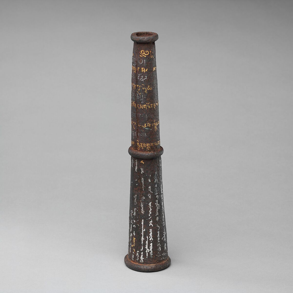 Socket from a Ceremonial Spearhead or Staff, Decorated with the Name of the Fourth Dalai Lama, Iron, gold, silver, Tibetan or Mongolian