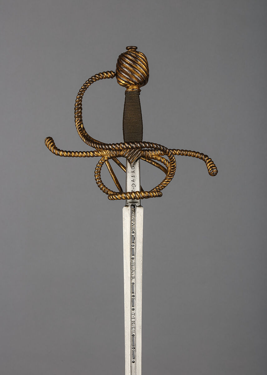 Rapier with Scabbard, Blade signed by Juan Martinez (Spanish, Toledo, active ca. 1600), Steel, leather, gold, copper wire, wood, velvet, German; blade, Spanish, Toledo 