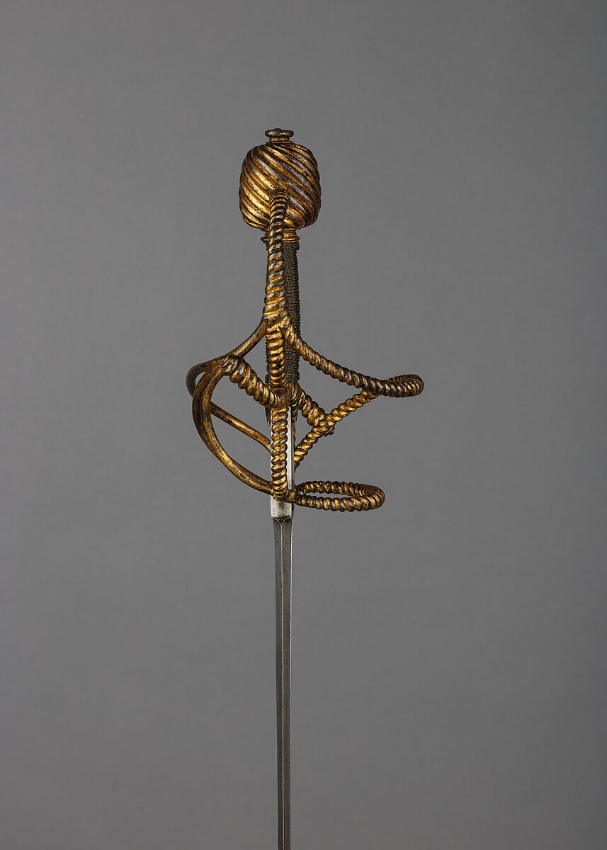 Rapier with Scabbard, Blade signed by Juan Martinez (Spanish, Toledo, active ca. 1600), Steel, leather, gold, copper wire, wood, velvet, German; blade, Spanish, Toledo