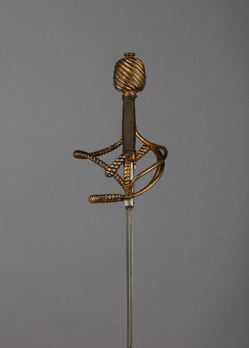 Rapier with Scabbard, Blade signed by Juan Martinez (Spanish, Toledo, active ca. 1600), Steel, leather, gold, copper wire, wood, velvet, German; blade, Spanish, Toledo