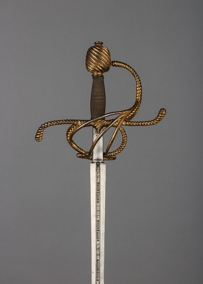 Rapier with Scabbard, Blade signed by Juan Martinez (Spanish, Toledo, active ca. 1600), Steel, leather, gold, copper wire, wood, velvet, German; blade, Spanish, Toledo
