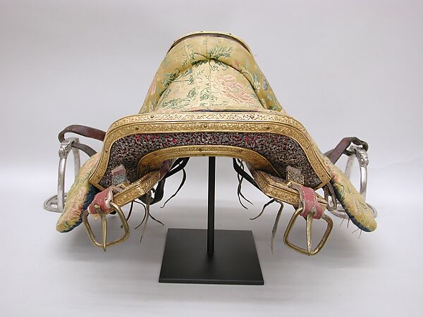 Saddle from the Surkhang Family, Silver, gilt brass, copper, wood, leather, textile (silk), Eastern Tibetan