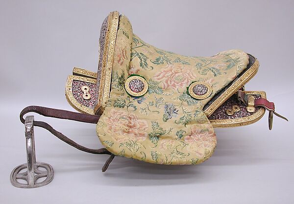 Saddle from the Surkhang Family, Silver, gilt brass, copper, wood, leather, textile (silk), Eastern Tibetan