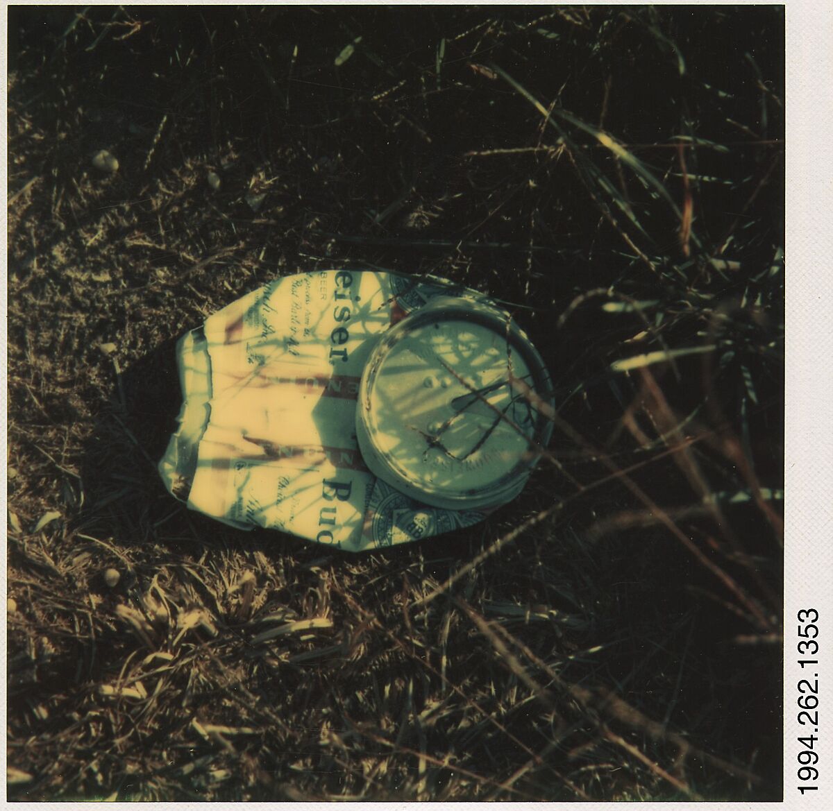 [Crushed Can: Budweiser], Walker Evans (American, St. Louis, Missouri 1903–1975 New Haven, Connecticut), Instant internal dye diffusion transfer print (Polaroid SX-70) 