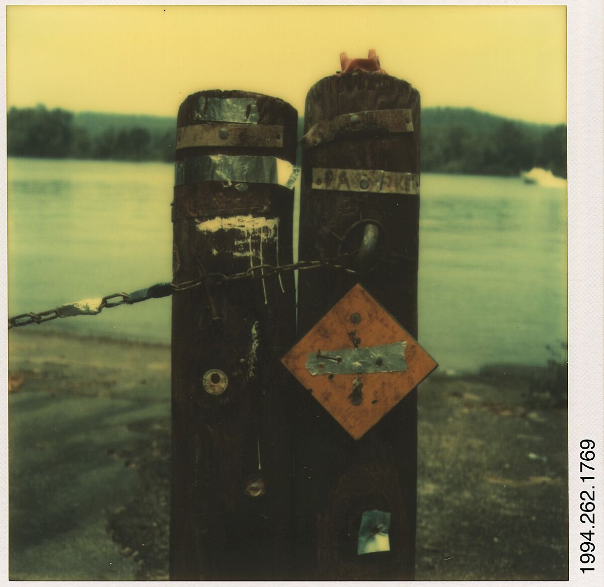 [Lakeside Wooden Stakes], Walker Evans (American, St. Louis, Missouri 1903–1975 New Haven, Connecticut), Instant internal dye diffusion transfer print (Polaroid SX-70) 