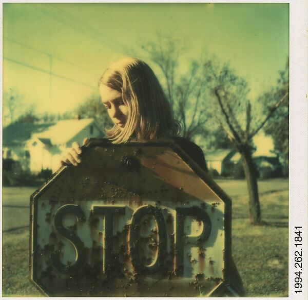 [Gay Burke with Stop Sign], Walker Evans (American, St. Louis, Missouri 1903–1975 New Haven, Connecticut), Instant internal dye diffusion transfer print (Polaroid SX-70) 