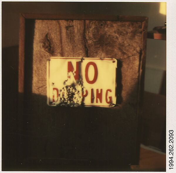 [Framed Sign: "No Dumping"], Walker Evans (American, St. Louis, Missouri 1903–1975 New Haven, Connecticut), Instant internal dye diffusion transfer print (Polaroid SX-70) 