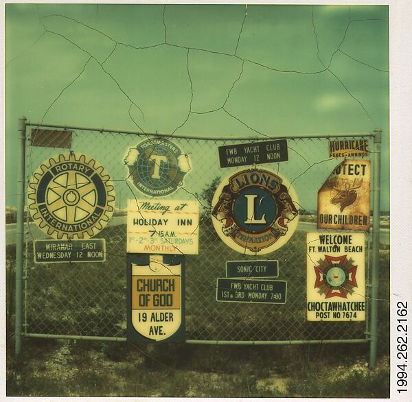 [Fraternal and Church Signs on Chain Link Fence], Walker Evans (American, St. Louis, Missouri 1903–1975 New Haven, Connecticut), Instant internal dye diffusion transfer print (Polaroid SX-70) 