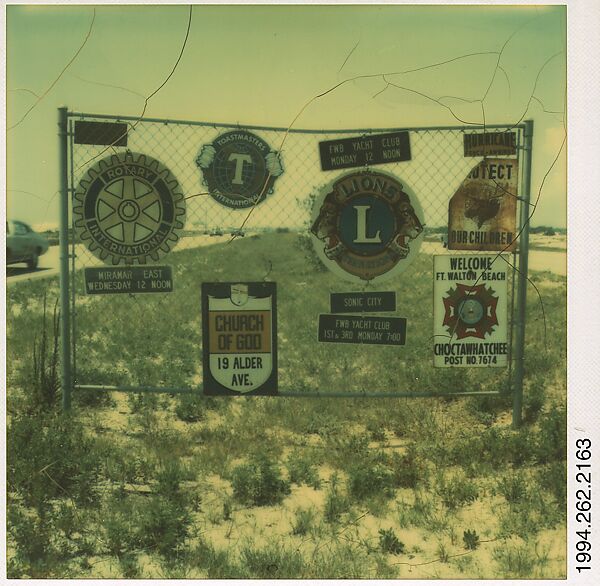 [Fraternal and Church Signs on Chain Link Fence], Walker Evans (American, St. Louis, Missouri 1903–1975 New Haven, Connecticut), Instant internal dye diffusion transfer print (Polaroid SX-70) 