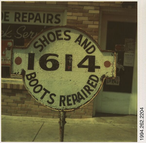 [Sign: "1614--SHOES AND BOOTS REPAIRED"], Walker Evans (American, St. Louis, Missouri 1903–1975 New Haven, Connecticut), Instant internal dye diffusion transfer print (Polaroid SX-70) 