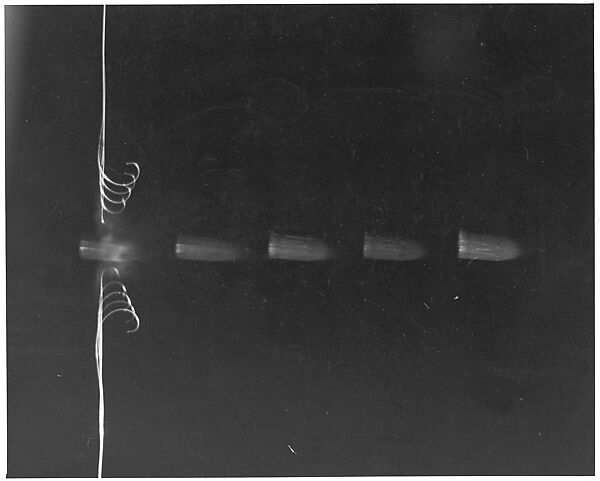 [Motion Study of Bullet Passing Through Copper Wire with Five Stroboscopic Flashes], Harold Edgerton (American, 1903–1990), Gelatin silver print 