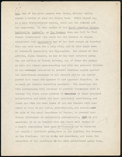 [38 Manuscripts, Typescripts, Carbon Copies of Translations from French by Walker Evans of Gourmont, Baudelaire, Radiguet, Cendrars, Cocteau, Larbaud, Gide, Lautréamont, Dottin, and Others], Walker Evans (American, St. Louis, Missouri 1903–1975 New Haven, Connecticut), Pencil/ink on paper