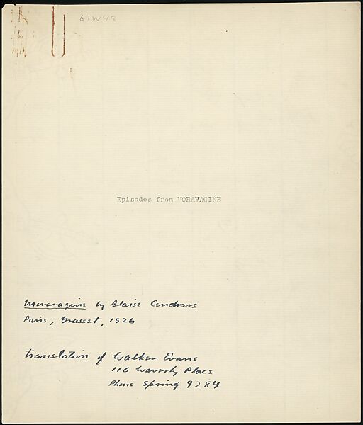 [38 Manuscripts, Typescripts, Carbon Copies of Translations from French by Walker Evans of Gourmont, Baudelaire, Radiguet, Cendrars, Cocteau, Larbaud, Gide, Lautréamont, Dottin, and Others], Walker Evans (American, St. Louis, Missouri 1903–1975 New Haven, Connecticut), Pencil/ink on paper