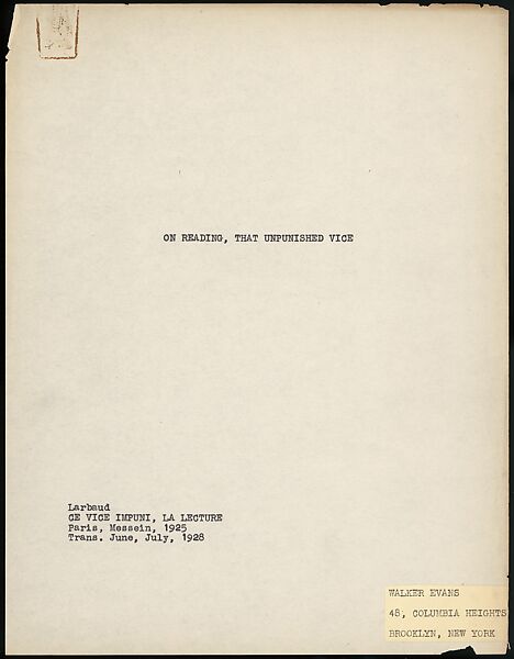 [38 Manuscripts, Typescripts, Carbon Copies of Translations from French by Walker Evans of Gourmont, Baudelaire, Radiguet, Cendrars, Cocteau, Larbaud, Gide, Lautréamont, Dottin, and Others], Walker Evans (American, St. Louis, Missouri 1903–1975 New Haven, Connecticut), Pencil/ink on paper
