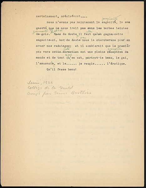 [16 Manuscripts, Typescripts, and Carbon Copies of Personal Essays Submitted as Homework Assignments in French for "Cours de Civilisation Française" at Collège de France, Paris], Walker Evans (American, St. Louis, Missouri 1903–1975 New Haven, Connecticut), Pencil/ink on paper