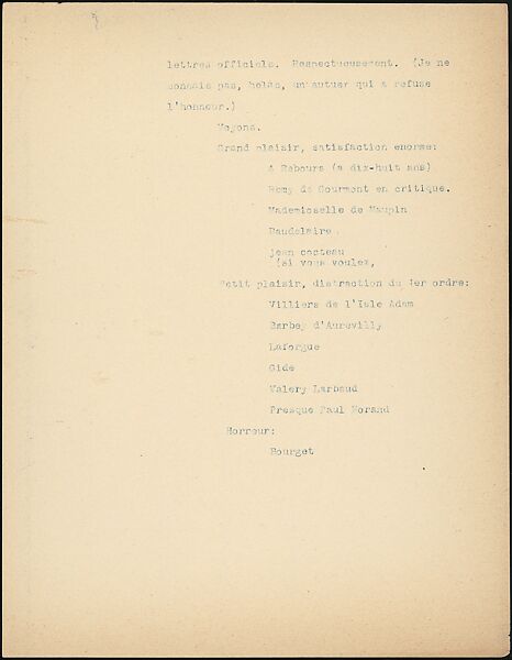 [16 Manuscripts, Typescripts, and Carbon Copies of Personal Essays Submitted as Homework Assignments in French for "Cours de Civilisation Française" at Collège de France, Paris], Walker Evans (American, St. Louis, Missouri 1903–1975 New Haven, Connecticut), Pencil/ink on paper