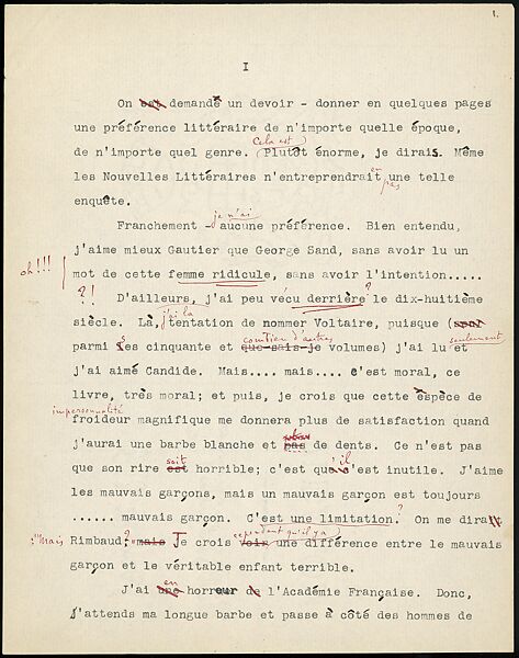 [16 Manuscripts, Typescripts, and Carbon Copies of Personal Essays Submitted as Homework Assignments in French for "Cours de Civilisation Française" at Collège de France, Paris], Walker Evans (American, St. Louis, Missouri 1903–1975 New Haven, Connecticut), Pencil/ink on paper