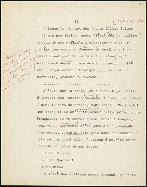 [16 Manuscripts, Typescripts, and Carbon Copies of Personal Essays Submitted as Homework Assignments in French for "Cours de Civilisation Française" at Collège de France, Paris], Walker Evans (American, St. Louis, Missouri 1903–1975 New Haven, Connecticut), Pencil/ink on paper